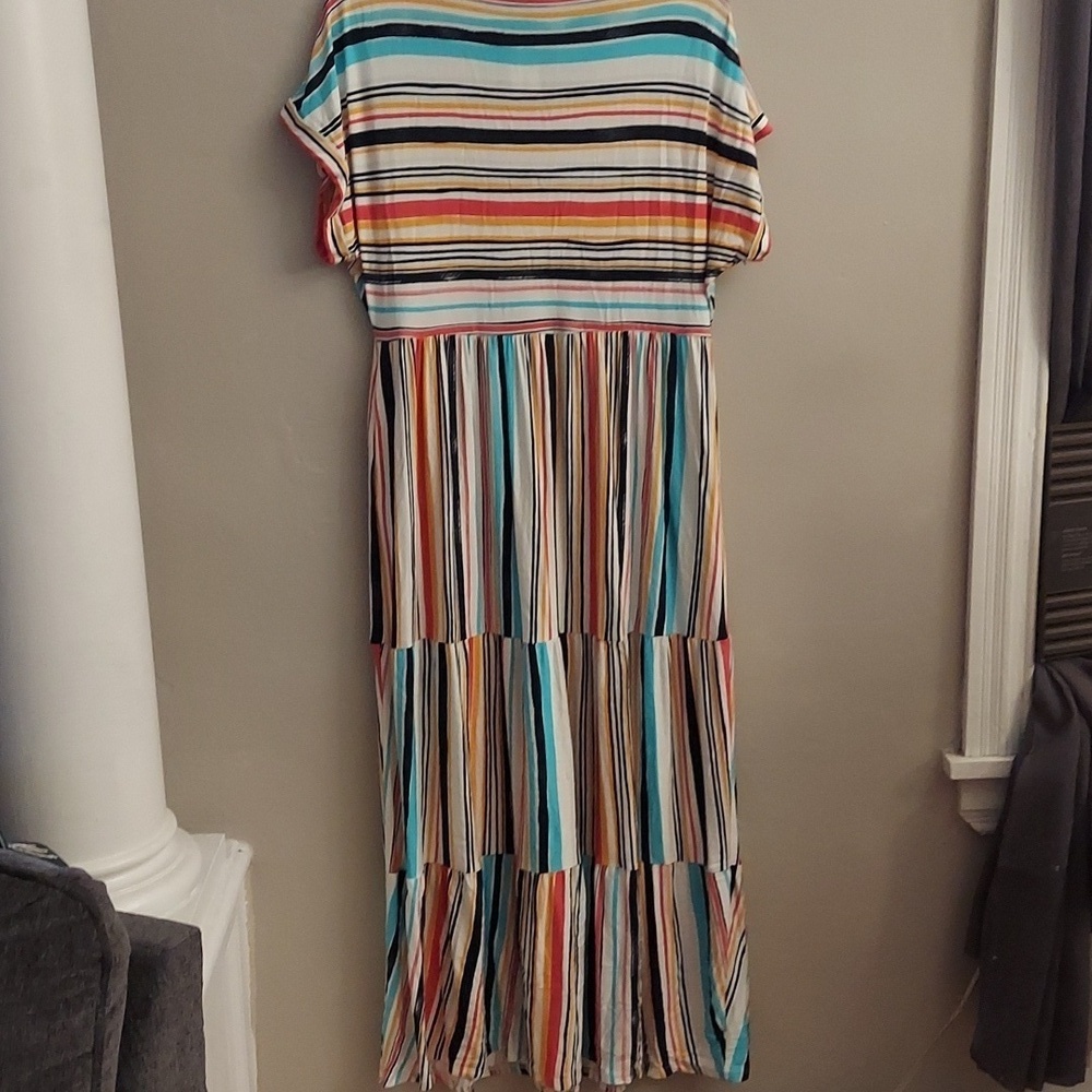 LANE BRYANT Short Sleeve Multicolor Striped Tiered Maxi Dress - Picture 11 of 13